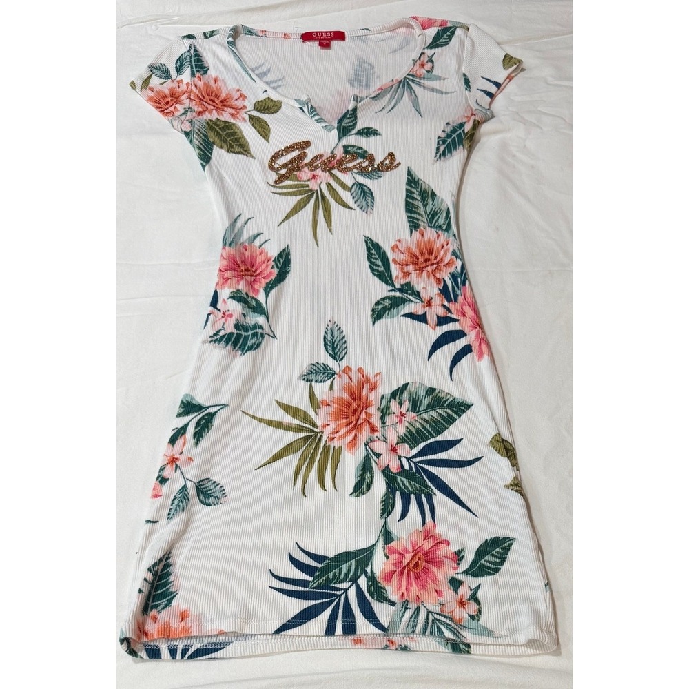Guess Los Angeles Floral Ribbed Mini Dress White Pink Glitter Logo Q2GK10KAQX3 S